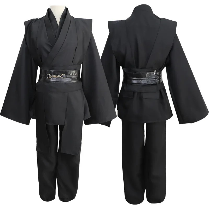 Conjunto Jedi preto com manto, túnica, calça e cinto, no estilo do Anakin Skywalker, de Star Wars