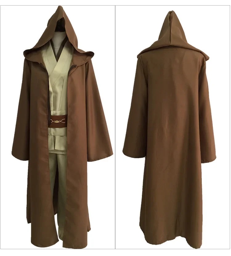 Manto marrom com capuz do cosplay Jedi de Star Wars, visto de frente e de costas