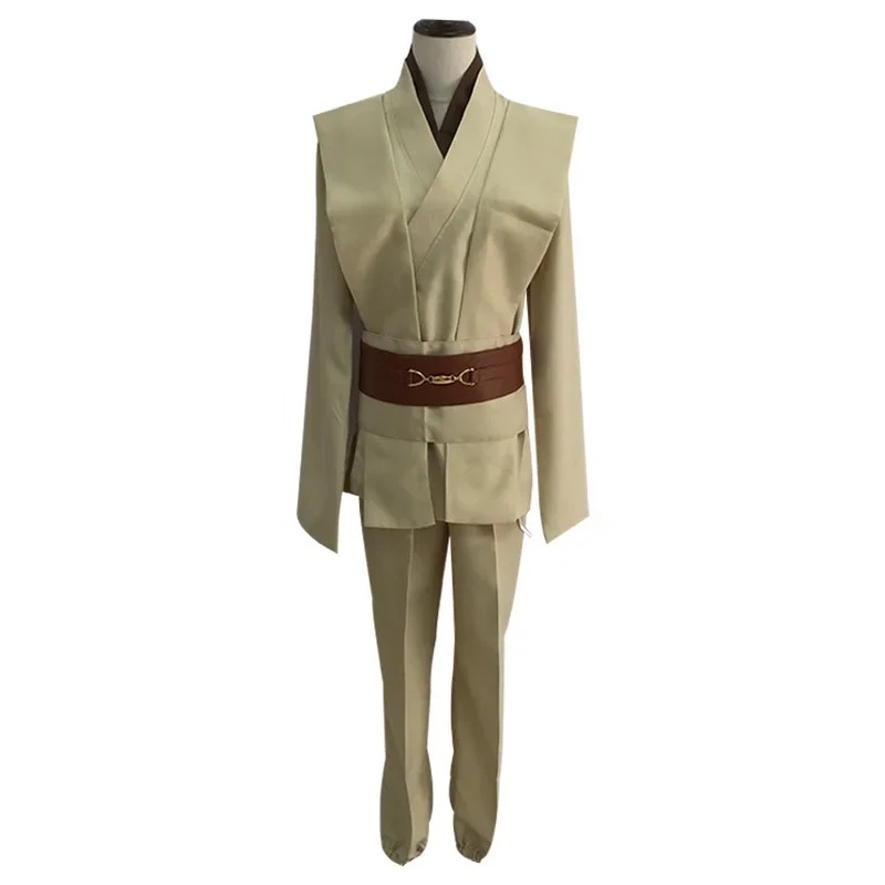 Conjunto Jedi marrom e bege com túnica, colete, calça e cinto marrom do cosplay de Star Wars