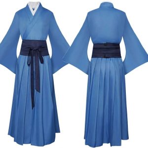 Cosplay do Jinshi, de Diários de uma Apotecária: casaco azul-marinho bordado sobre camisa e saia azuis, de frente e costas