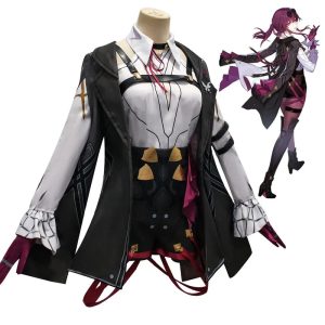 Casaco preto e traje do cosplay da Kafka, de Honkai: Star Rail, em manequim