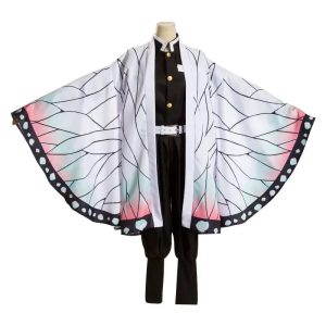 Uniforme preto com haori de borboleta do cosplay da Kanae Kochou, Demon Slayer, em manequim