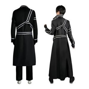 Casaco preto com listras brancas do cosplay do Kirito, de Sword Art Online, visto de frente e de costas