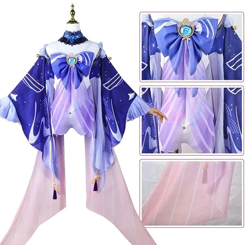 Frente do traje da Kokomi, de Genshin Impact, com laço azul no peito e detalhes do casaco