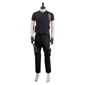 Traje do cosplay do Leon S. Kennedy, de Resident Evil 4 Remake, com camiseta, calça preta e coldres, em manequim