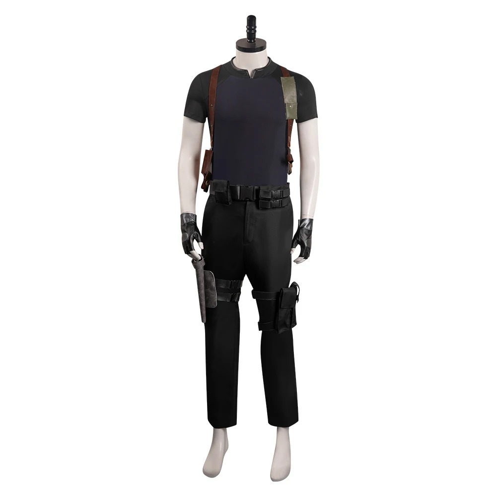 Traje do cosplay do Leon S. Kennedy, de Resident Evil 4 Remake, com camiseta, calça preta e coldres, em manequim