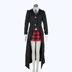 Uniforme do cosplay da Maka Albarn, de Soul Eater: casaco longo preto, saia xadrez vermelha e gravata