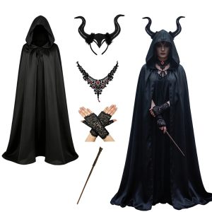 Conjunto cosplay da Malévola: capa preta com capuz, tiara de chifres, colar, luvas e varinha