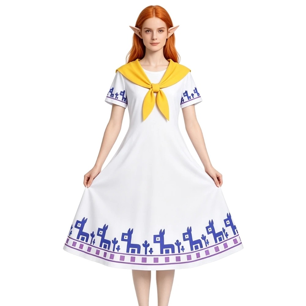 Traje da Malon, de Zelda Ocarina of Time: vestido branco de barra estampada e lenço amarelo