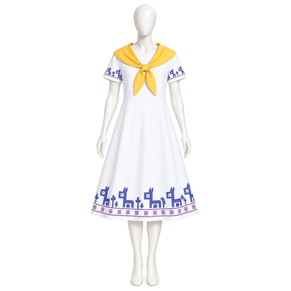 Vestido branco e lenço amarelo do cosplay da Malon em manequim