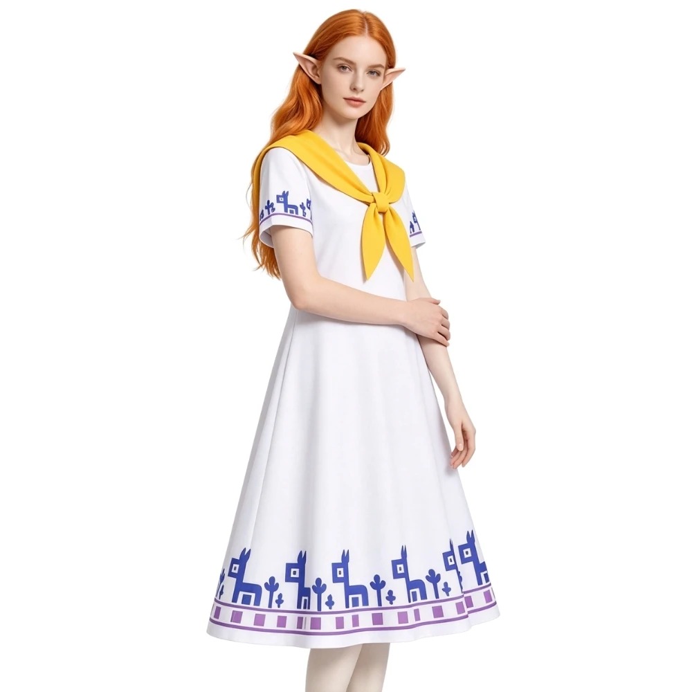 Cosplay da Malon visto de lado, com vestido branco e lenço amarelo amarrado