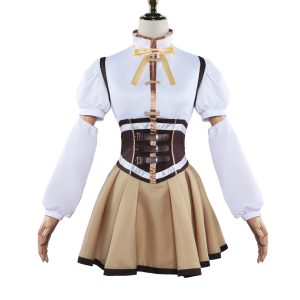 Vestido da Mami Tomoe, de Madoka Magica, com corselete marrom e saia bege em manequim