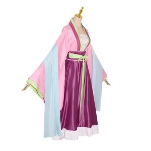 Vestido rosa da Maomao, de Diários de uma Apotecária, com mangas largas, saia roxa e faixa verde