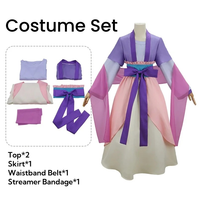Conjunto do cosplay da Maomao com blusas, saia e faixas, ao lado do traje montado
