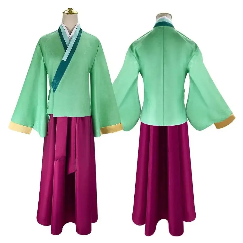 Cosplay da Maomao, de Diários de uma Apotecária: blusa verde com detalhes dourados e saia bordô, de frente e costas