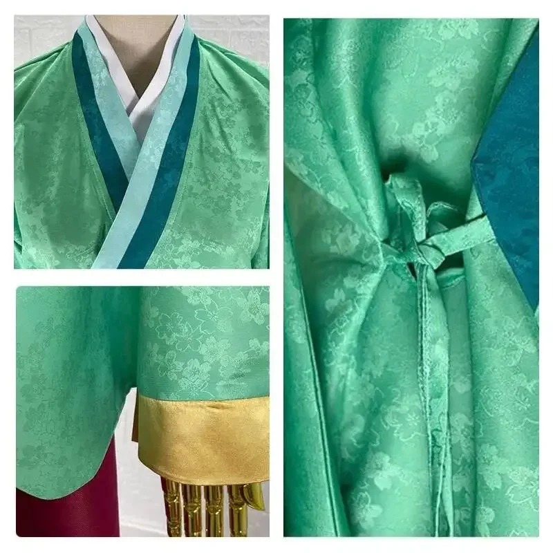 Detalhes do tecido verde, do laço e do punho dourado da blusa do cosplay da Maomao