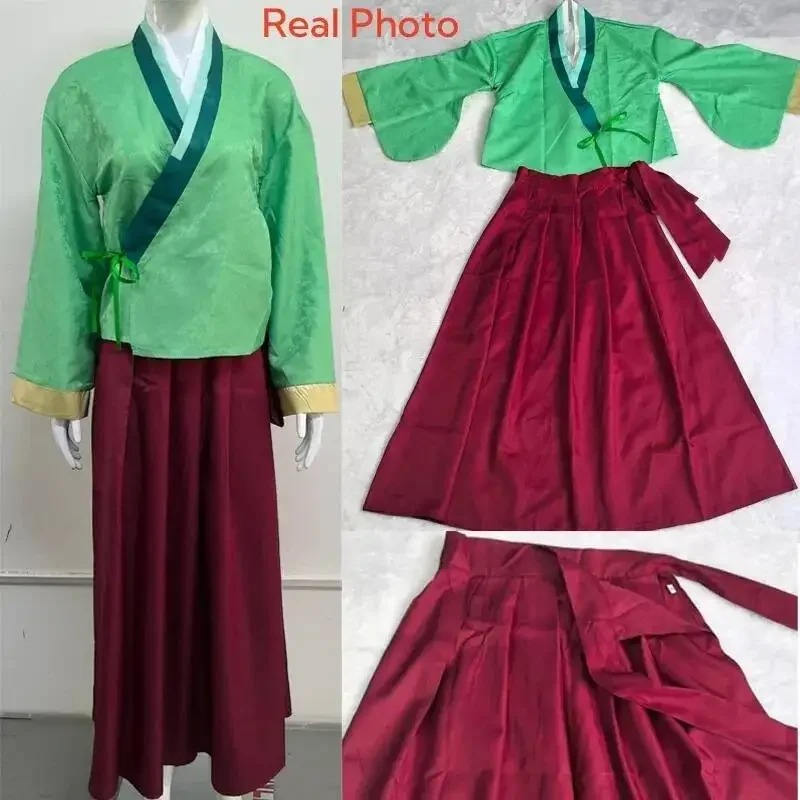 Fotos reais da blusa verde e da saia longa bordô do cosplay da Maomao, de Diários de uma Apotecária