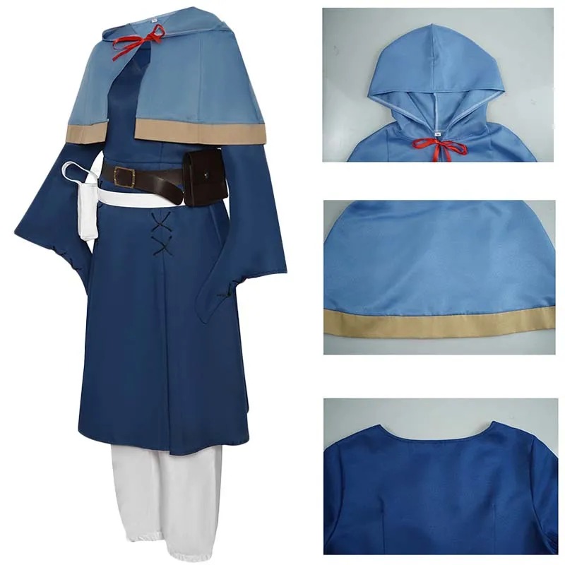 Cosplay da Marcille montado em manequim, com capa de capuz azul-claro e vestido azul