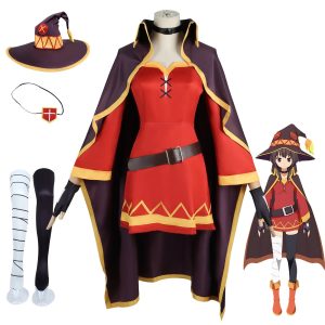 Kit do cosplay da Megumin, de KonoSuba, com chapéu de bruxa, tapa-olho, vestido vermelho, capa roxa e meias