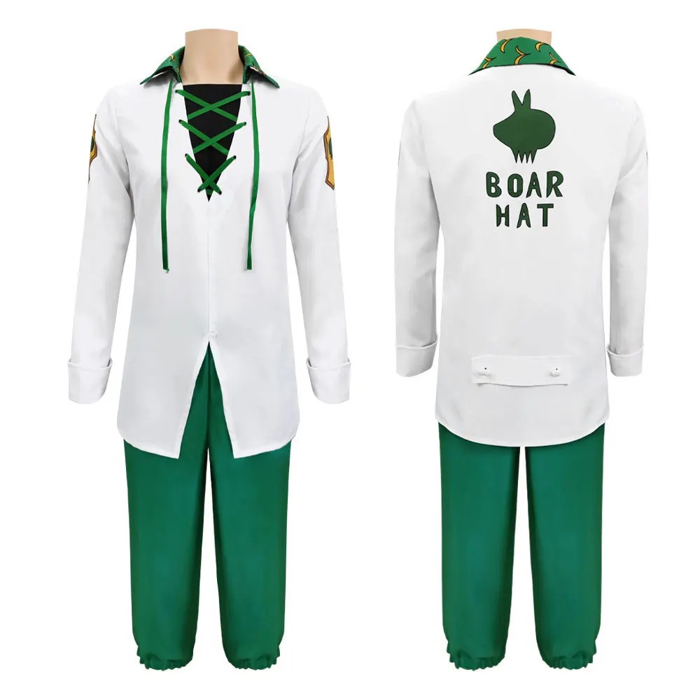 Frente e costas da camisa branca Boar Hat com calça verde do cosplay do Meliodas