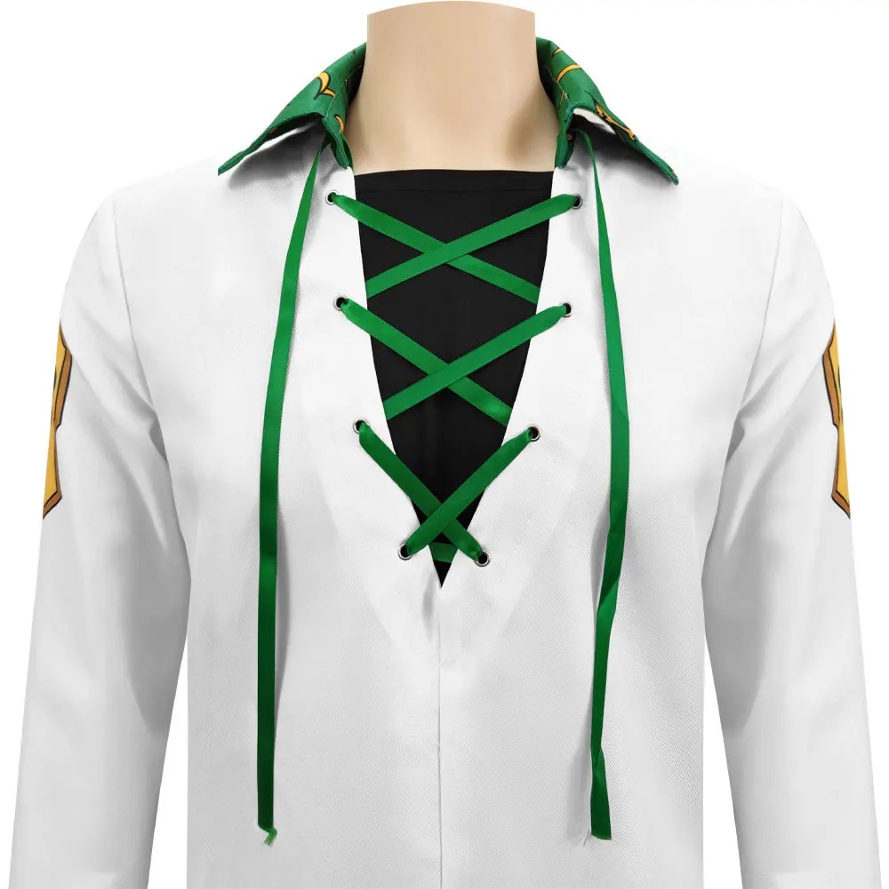 Detalhe do cadarço verde e da gola do cosplay do Meliodas, Nanatsu no Taizai