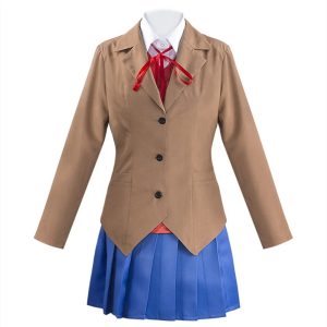 Uniforme da Monika, de Doki Doki Literature Club: blazer marrom, camisa branca, laço vermelho e saia azul