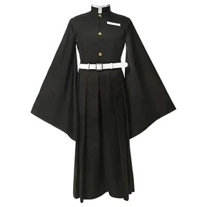 Uniforme preto de gola alta e cinto branco do cosplay do Muichiro Tokito, de Demon Slayer