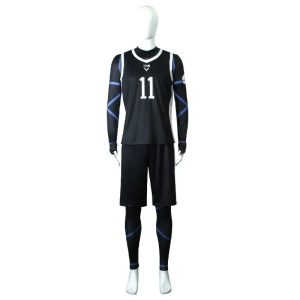 Uniforme preto nº 11 do Nagi Seishiro, de Blue Lock, com regata, shorts e segunda pele azul, em manequim