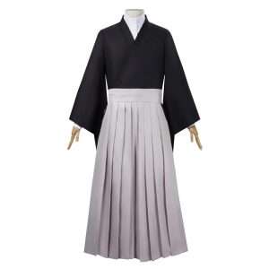 Quimono preto com hakama cinza do cosplay do Naoya Zenin, de Jujutsu Kaisen, em manequim