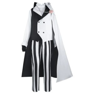 Colete preto e branco com capa e calça listrada do cosplay do Nikolai Gogol, Bungo Stray Dogs