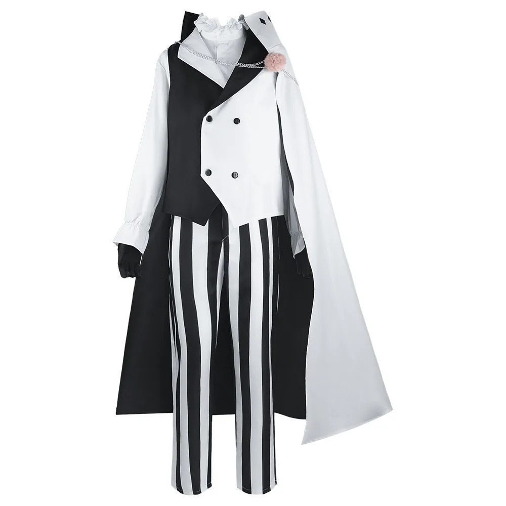 Colete preto e branco com capa e calça listrada do cosplay do Nikolai Gogol, Bungo Stray Dogs