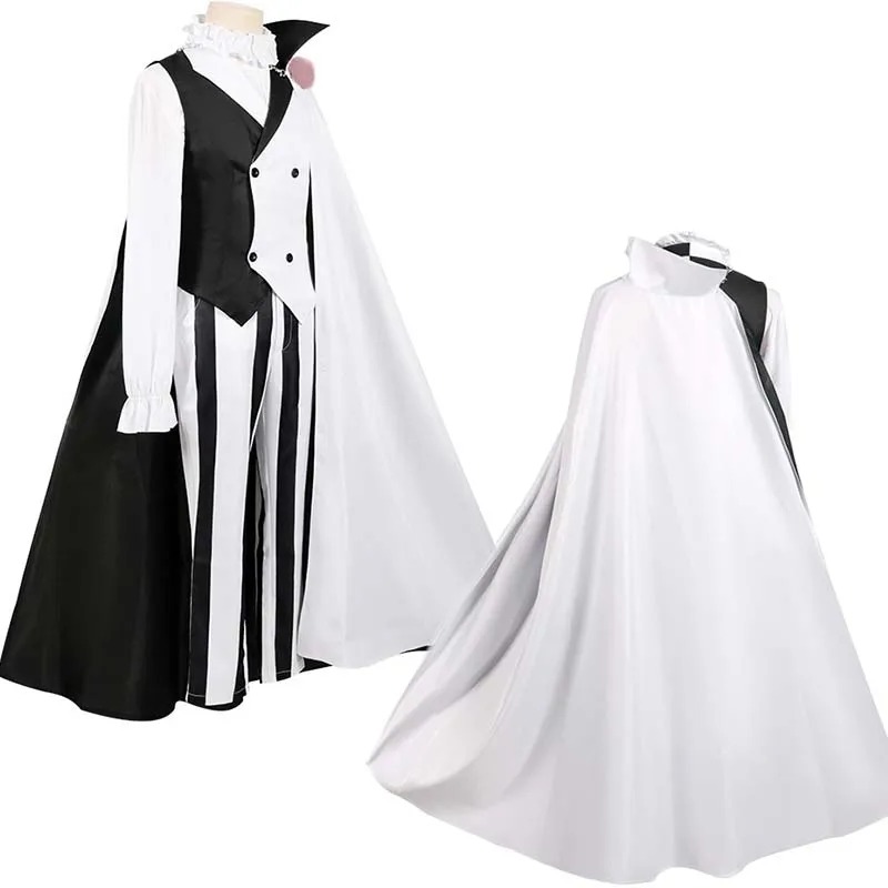 Capa branca e preta aberta do cosplay do Nikolai Gogol, Bungo Stray Dogs