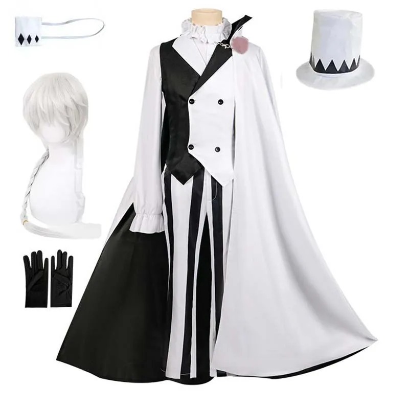 Cosplay do Nikolai Gogol completo com chapéu alto, luvas e peruca branca ao lado