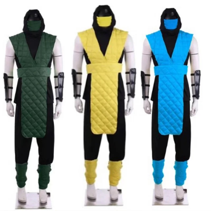 Trajes ninja de Mortal Kombat nas cores verde, amarelo e azul, no estilo de Reptile, Scorpion e Sub-Zero
