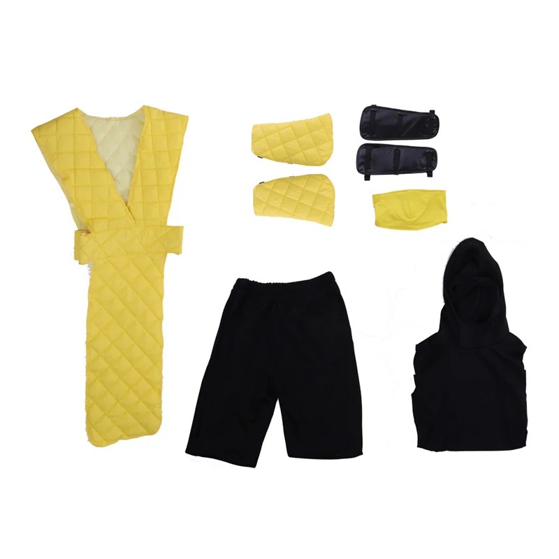 Peças do traje amarelo de Mortal Kombat: colete, faixas de braço, calça preta, capuz e protetores
