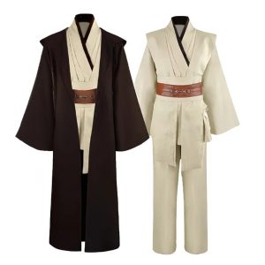 Traje Jedi do cosplay do Obi-Wan Kenobi, de Star Wars, com capa marrom, túnica bege e faixa