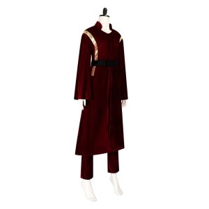 Cosplay da Padmé Amidala, de Star Wars, em manequim: túnica longa vinho com faixas douradas, cinto e calça