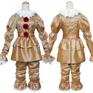 Cosplay do Pennywise dourado em manequim, frente e costas, com gola de babados e pompons vermelhos