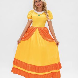 Vestido longo amarelo com babados laranja e coroa, no estilo da Princesa Daisy de Super Mario