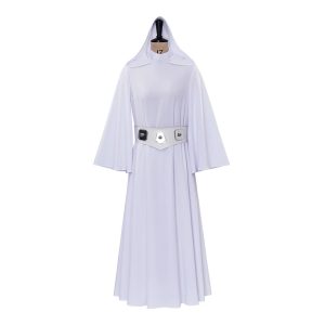 Cosplay da Princesa Leia, de Star Wars, em manequim: vestido longo branco com capuz e cinto, visto de frente