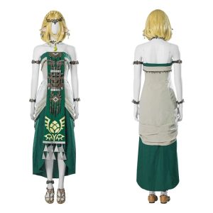 Cosplay da Princesa Zelda de Tears of the Kingdom: vestido longo verde e creme visto de frente e de costas