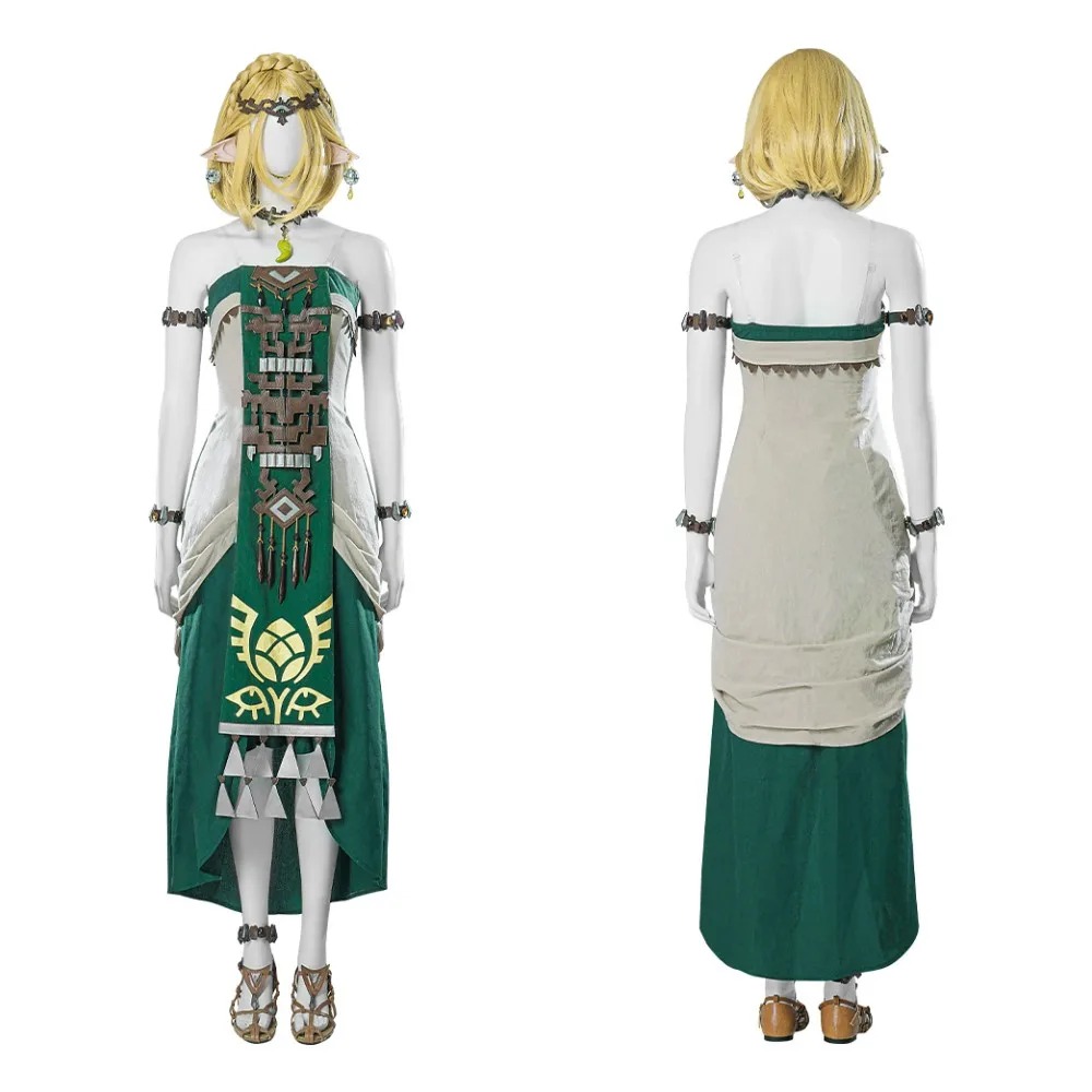 Cosplay da Princesa Zelda de Tears of the Kingdom: vestido longo verde e creme visto de frente e de costas