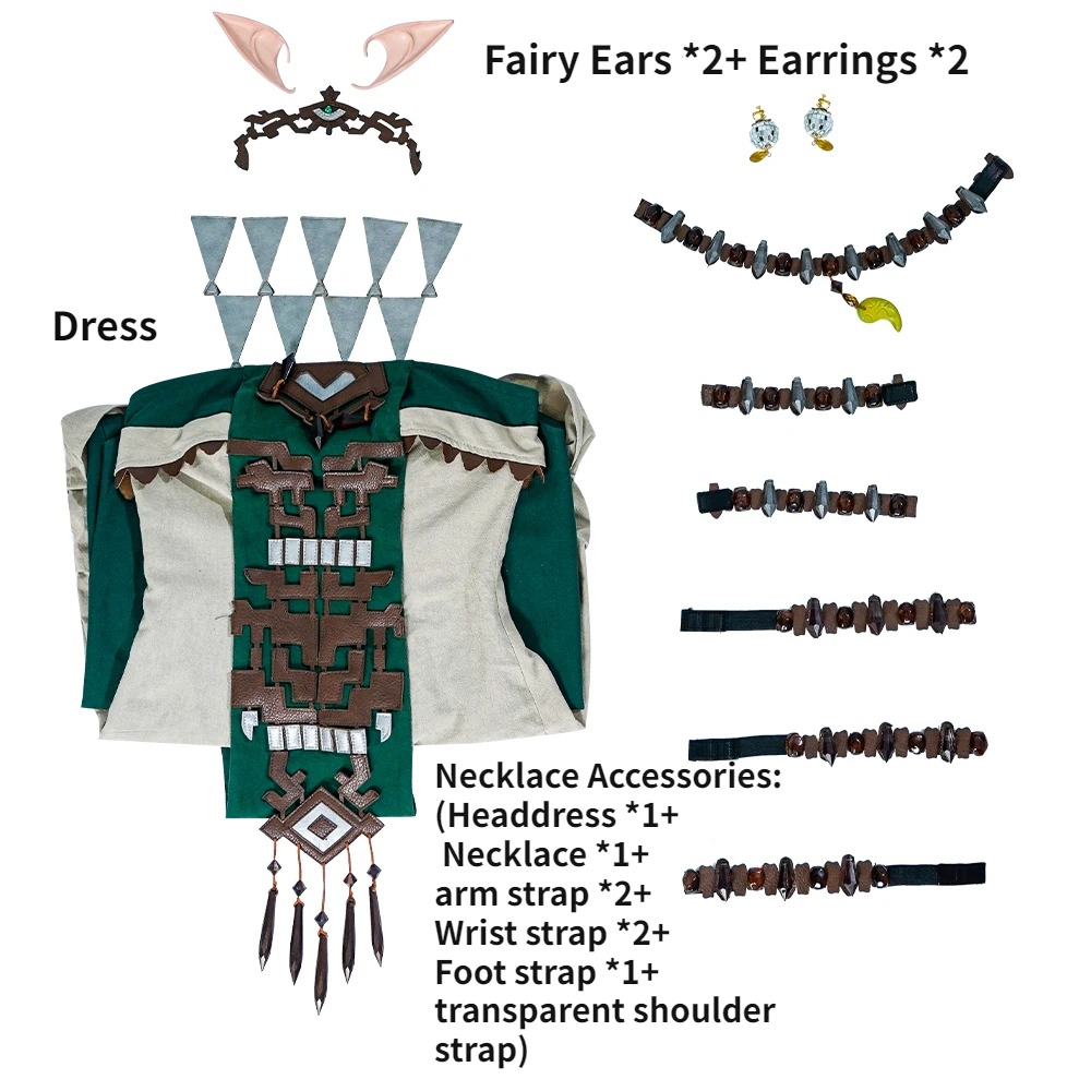 Peças do conjunto de cosplay da Zelda: vestido, tiara, colar, braçadeiras e brincos