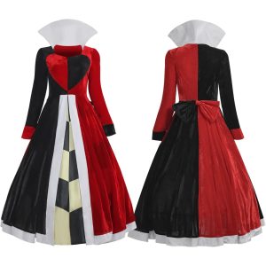 Vestido da Rainha de Copas, de Alice no País das Maravilhas, vermelho e preto com gola branca, frente e costas