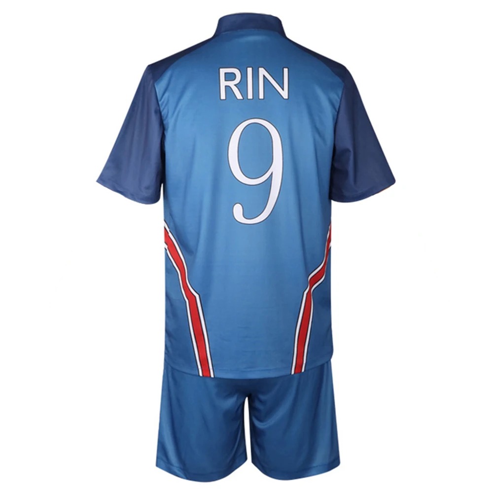 Camisa azul com o nome RIN e o número 9 nas costas, uniforme do cosplay de Blue Lock