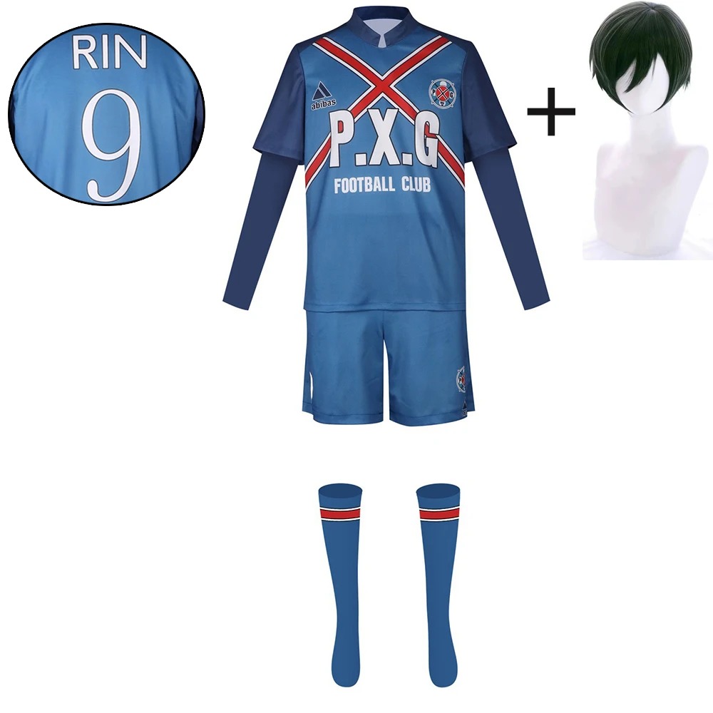 Uniforme azul nº 9 do Rin Itoshi, de Blue Lock, ao lado da peruca curta verde-escura