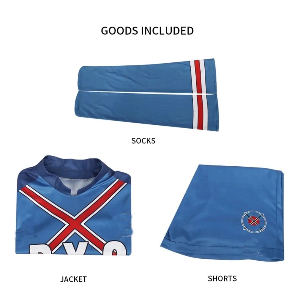 Peças que acompanham o uniforme de Blue Lock: camisa, shorts e meias azuis com listras vermelhas