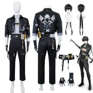 Cosplay do Rover masculino, de Wuthering Waves, em manequim com casaco preto, calça, peruca e luvas