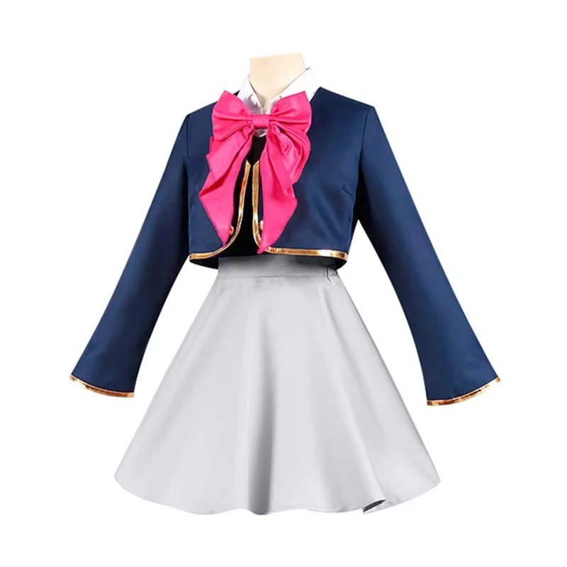 Casaco azul-marinho com laço rosa e saia cinza do cosplay da Ruby, de Oshi no Ko, em um manequim