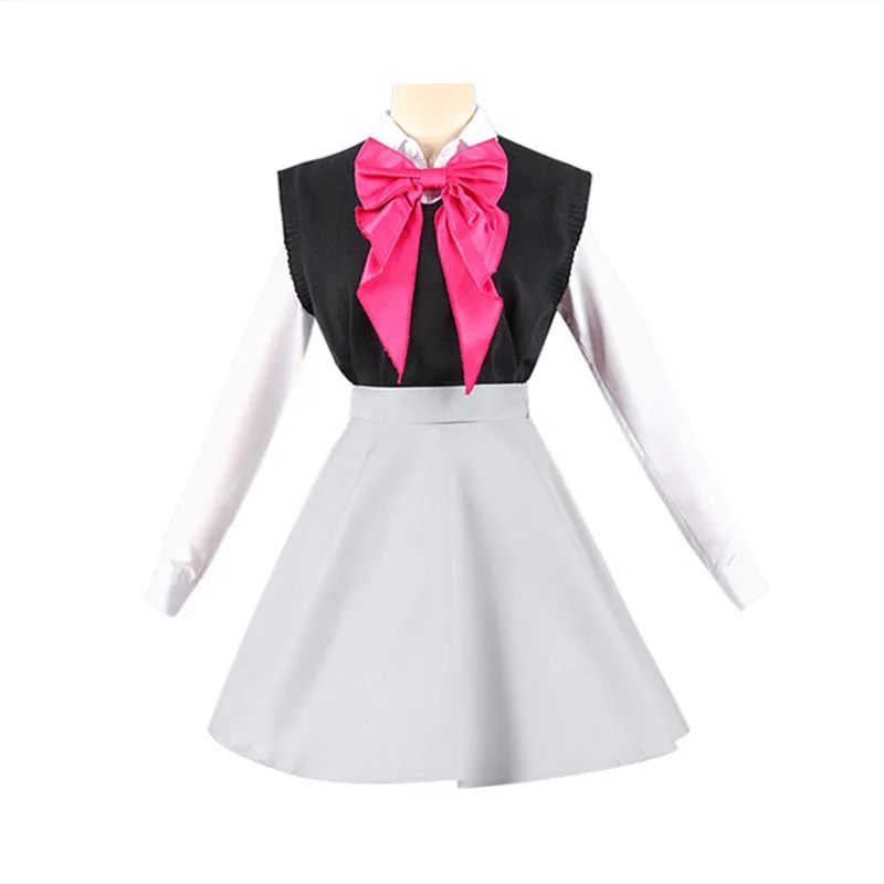 Colete preto, camisa branca e laço rosa do uniforme da Ruby, de Oshi no Ko, com saia cinza